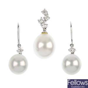 A group of cultured pearl and diamond jewellery.