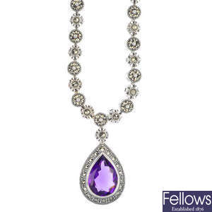 An amethyst and marcasite necklace.