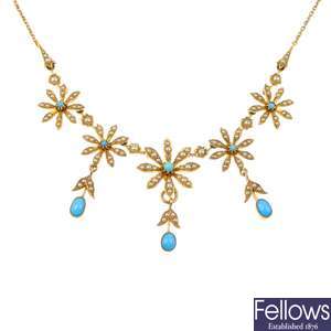 An early 20th century 15ct gold turquoise and split pearl floral necklace.