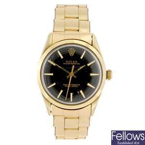 A gold plated automatic gentleman's Rolex Oyster Perpetual bracelet watch.
