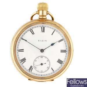A gold plated keyless wind open face pocket watch by Elgin.