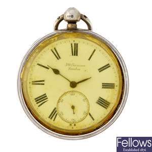 A silver key wind open face pocket watch by J.W. Benson.