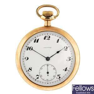 A rolled gold keyless wind open face pocket watch by Civitas.