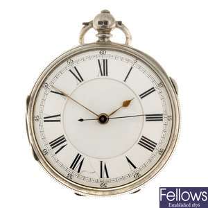 A silver key wind open face centre seconds pocket watch.