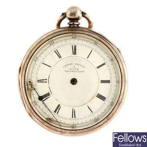 A silver key wind open face centre seconds pocket watch by L. Harris.