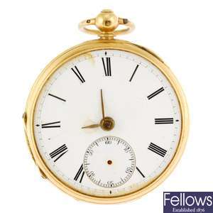 An 18ct gold keyless wind open face pocket watch by F.Millar.
