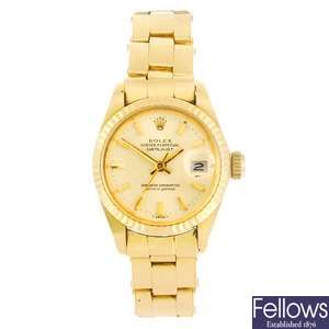 (116196365) An 18k gold automatic lady's Rolex Datejust bracelet watch.
