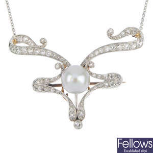 An early 20th century continental 15ct gold and platinum cultured pearl and diamond pendant.