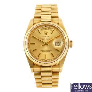 (144666) An 18k gold automatic gentleman's Rolex Day-Date bracelet watch.