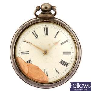 A silver key wind pair case pocket watch and a gold plated pocket watch.