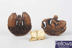 Two ivory netsuke, plus two scent bottles