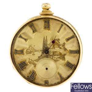An 18k gold key wind open face pocket watch by Cooper, Liverpool and a case protector.