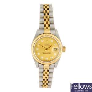 A bi-metal automatic lady's Rolex Oyster Perpetual Datejust wrist watch.