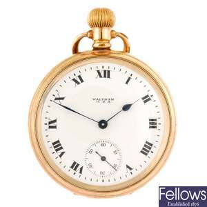 A gold plated keyless wind open face pocket watch by Waltham.