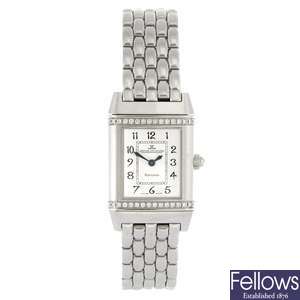 A stainless steel quartz lady's Jaeger-LeCoultre Reverso bracelet wrist watch.