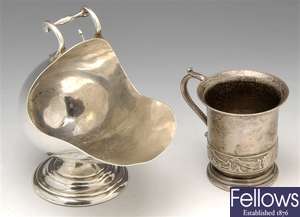 A late Victorian silver sugar scuttle & a modern christening mug.