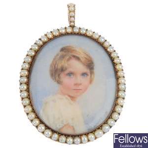 An early 20th century gold sentimental portrait miniature and split pearl pendant.