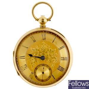 An 18ct gold key wind open face pocket watch by Edwin Flinn, London.