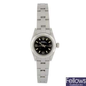 A stainless steel automatic lady's Rolex Oyster Perpetual bracelet watch.