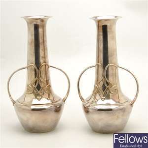 A pair of Civic Art Nouveau silver-plated vases