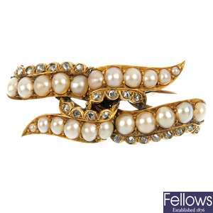 A late 19th century gold split pearl and diamond brooch.