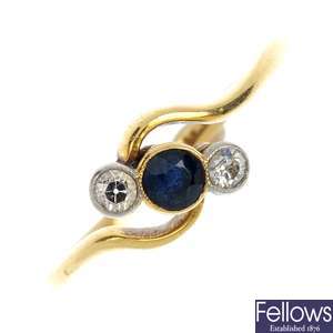 An early 20th century 18ct gold diamond and sapphire three-stone ring.