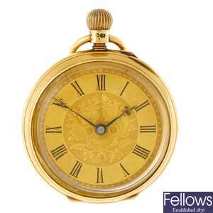 An 18ct gold keyless wind open face pocket watch by William Harris.