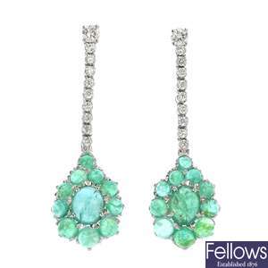 A pair of 18ct gold emerald and diamond cluster ear pendants.