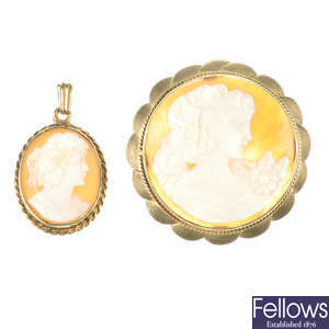 A 9ct gold cameo brooch and a cameo pendant.