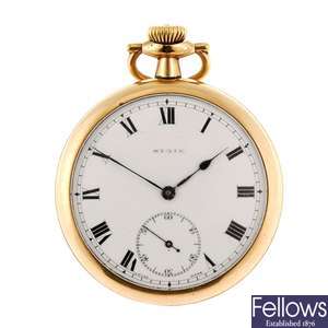 A rolled gold keyless wind open face pocket watch by State.