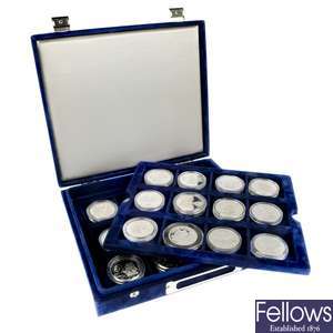 Ships and Explorers, cased set of 24 sterling silver proof coins.