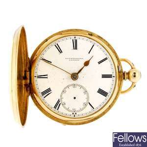 An 18ct gold key wind full hunter pocket watch by Rotherhams.