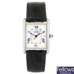 (940002258) A silver quartz Must de Cartier Tank wrist watch.