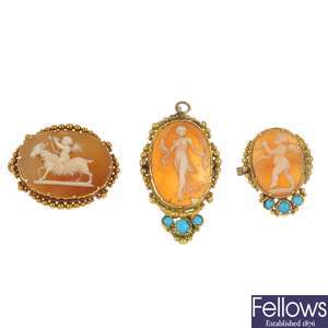 A selection of three late 19th century 18ct gold cameo pieces.