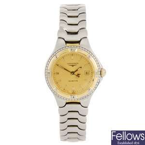 (116197726) A bi-colour quartz lady's Longines bracelet watch.
