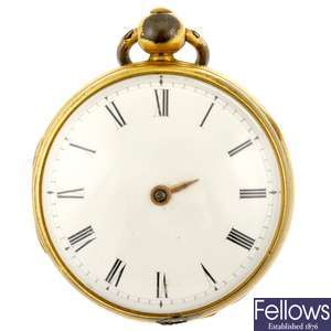 A gold plated keyless wind open face pocket watch.