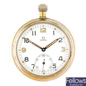 A base metal keyless wind open face military pocket watch by Omega.