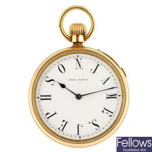 An 18ct gold key wind open face minute repeater pocket watch by Bracebridges.