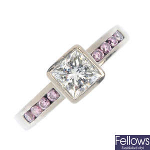 A diamond and 'pink' diamond single-stone ring.