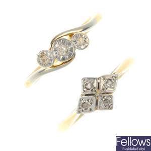 Two mid 20th century 18ct gold and platinum diamond rings. 