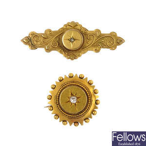 Two late 19th century gold diamond brooches.