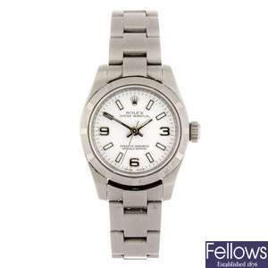 (131434) A stainless steel automatic lady's Rolex Oyster Perpetual bracelet watch.