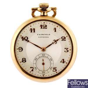 A gold plated keyless wind open face by Longines.