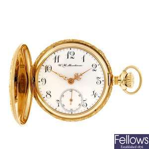 (507029734) A 14k gold keyless wind full hunter fob watch by W. H. Mortimer.