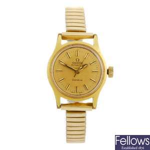 A gold plated automatic lady's Omega Geneve bracelet watch.
