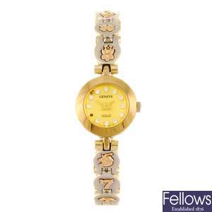 (1109018966) A gold plated quartz lady's Geneve bracelet watch.