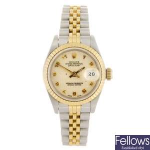 (921004640)  A bi-metal automatic lady's Rolex Datejust bracelet watch.