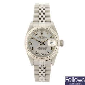 A stainless steel automatic lady's Rolex Datejust Tiffany & Co bracelet watch.
