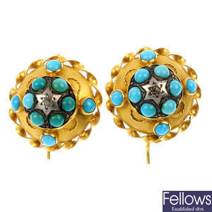A pair of late 19th century 18ct gold and silver turquoise earrings.