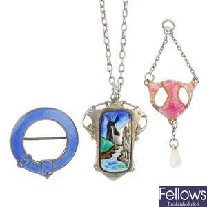 A selection of six items of early to mid 20th century silver enamel jewellery.